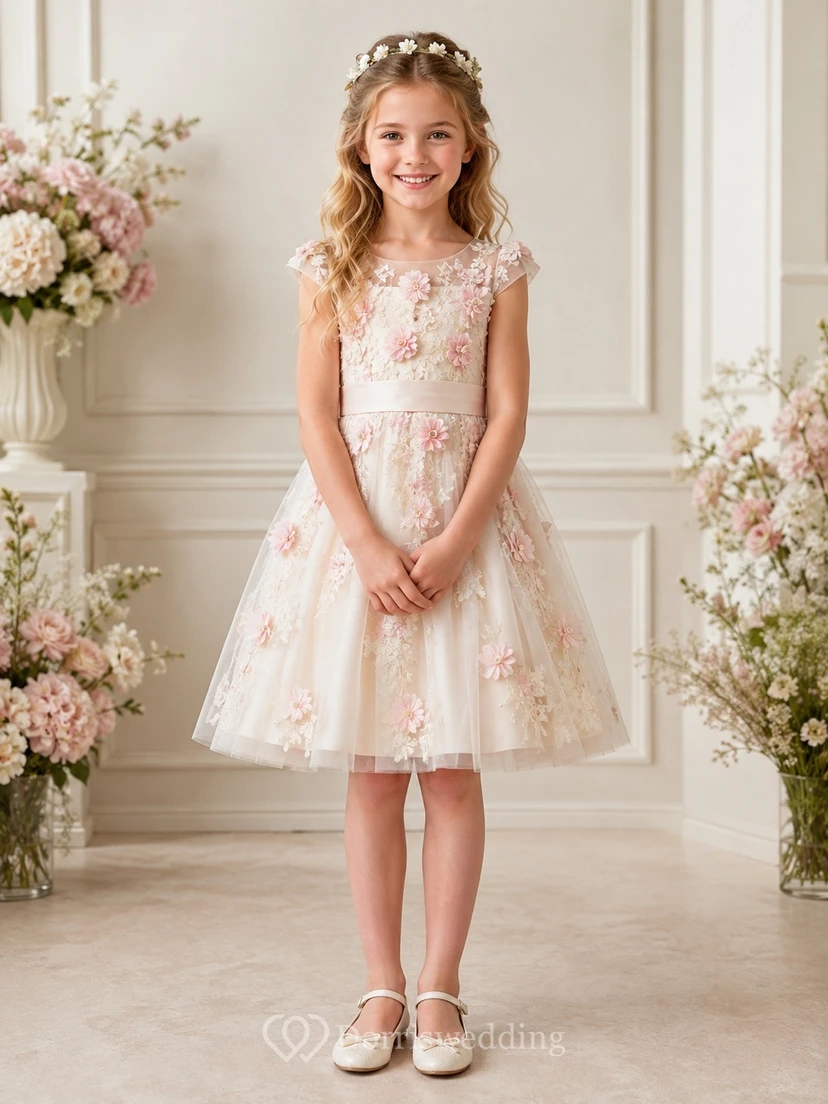 Tea Length Floral Princess Cap Sleeve Tulle A-Line Flowergirl Dress