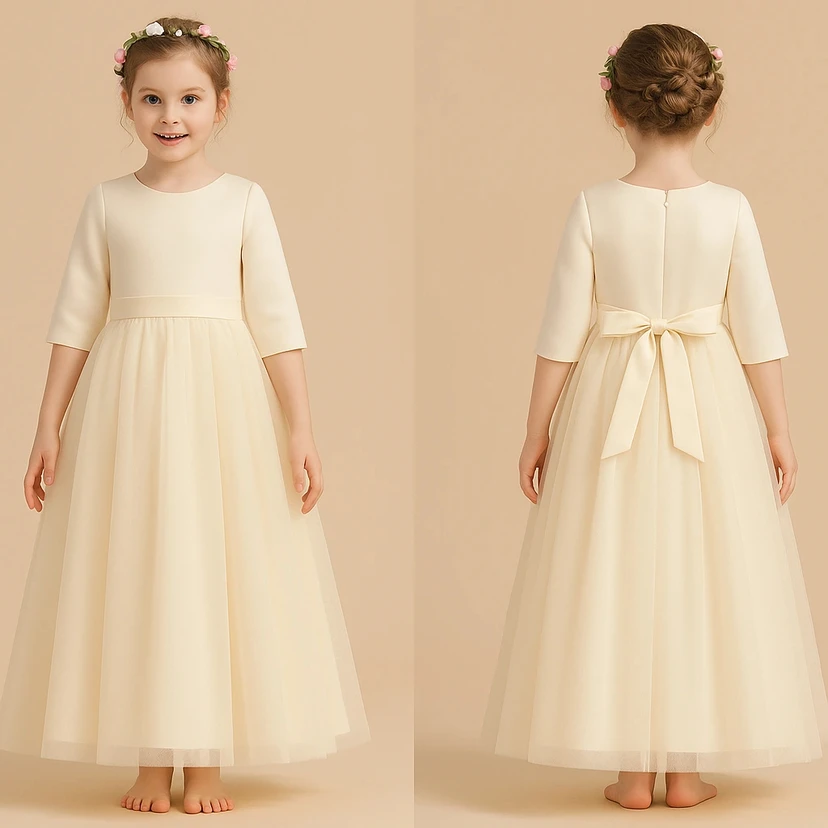 Scoop-neck Ivory Half-sleeve A-line Flowergirl Dress view 3