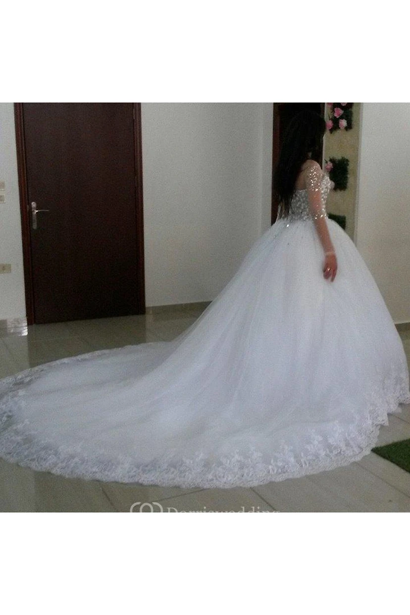 Newest Crystals Tulle Lace Illusion Princess Wedding Dress Long Sleeve Ball Gown view 2
