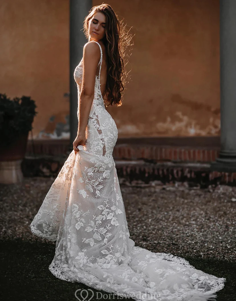 Luxuriöses Meerjungfrauenkleid aus floraler Spitze mit Perlenverzierungen view 6