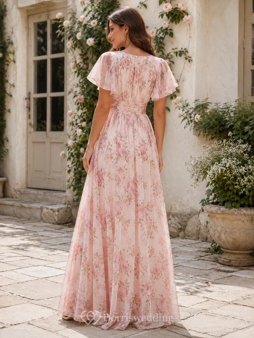 Pink Floral Flutter Sleeve Chiffon Guest Maxi Dress view 2