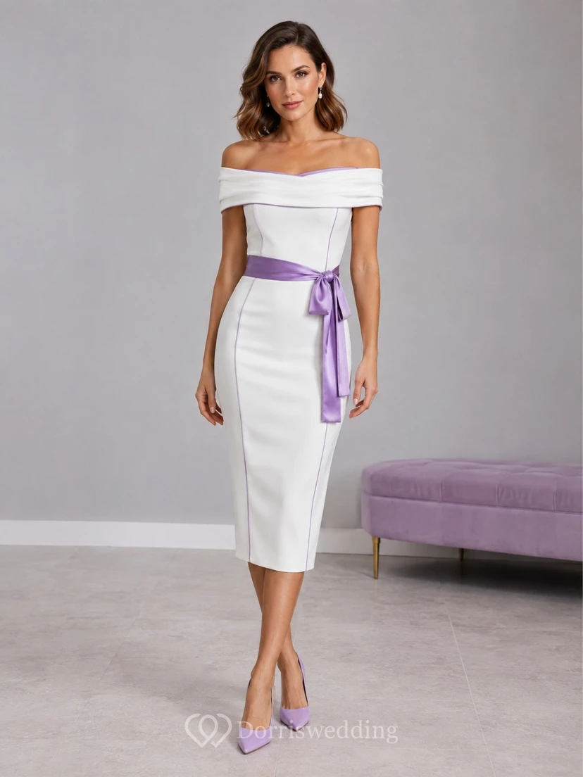 White Lavender Sash Off-the-shoulder Sheath Knee-length Formal Cocktail Dress