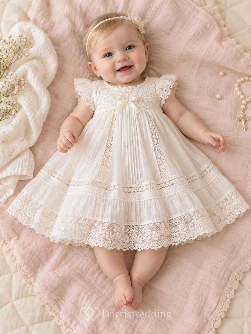 Elfenbeinfarbenes Taufkleid für Babys mit Spitzenbesatz, kurzen Ärmeln und Schleifen.