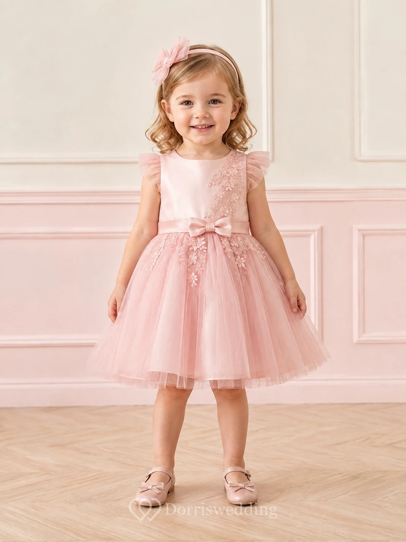 Adorable Blushing Pink Tulle Jewel Neck Cap Sleeve Floral Bow A-Line Flowergirl Dress