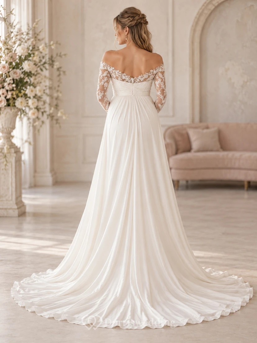 Maternity Long Sleeve Off Shoulder Lace Chiffon Bridal Wedding Dress view 2
