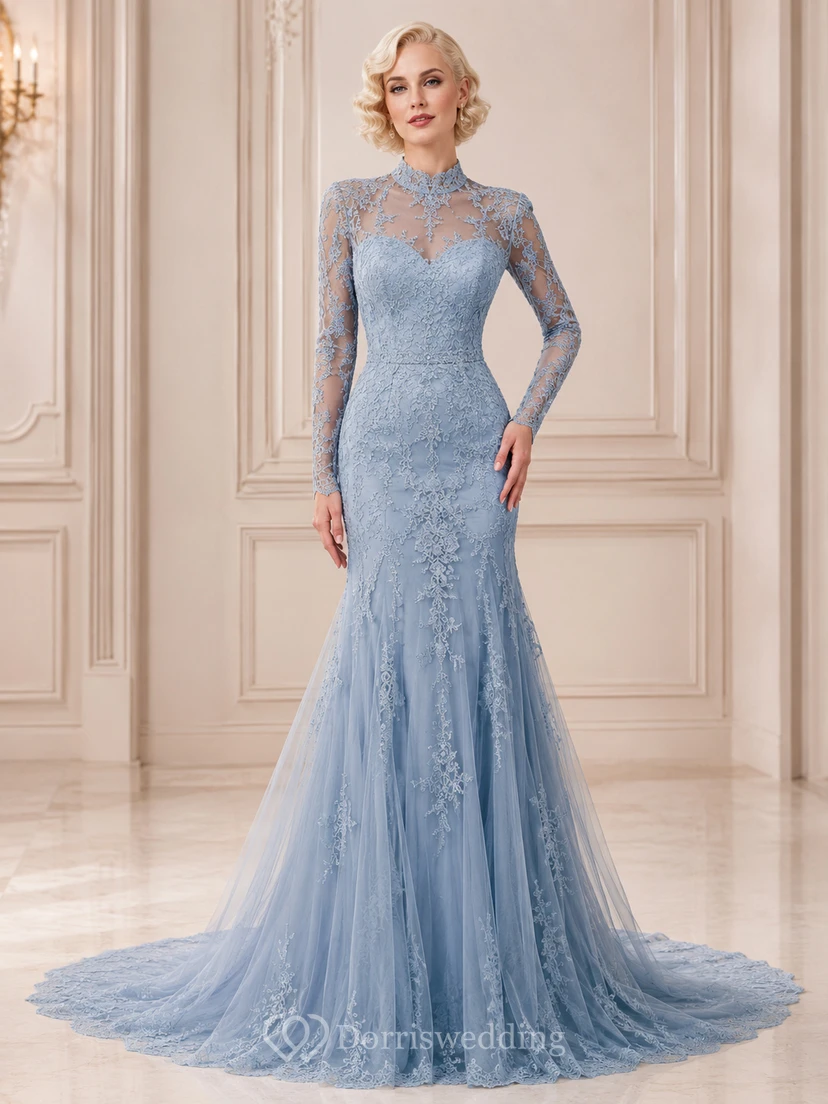 Robe de mariée sirène bleu ardoise de luxe, col montant, manches longues en dentelle illusion, coupe sirène, col montant et manches longues en dentelle illusion.