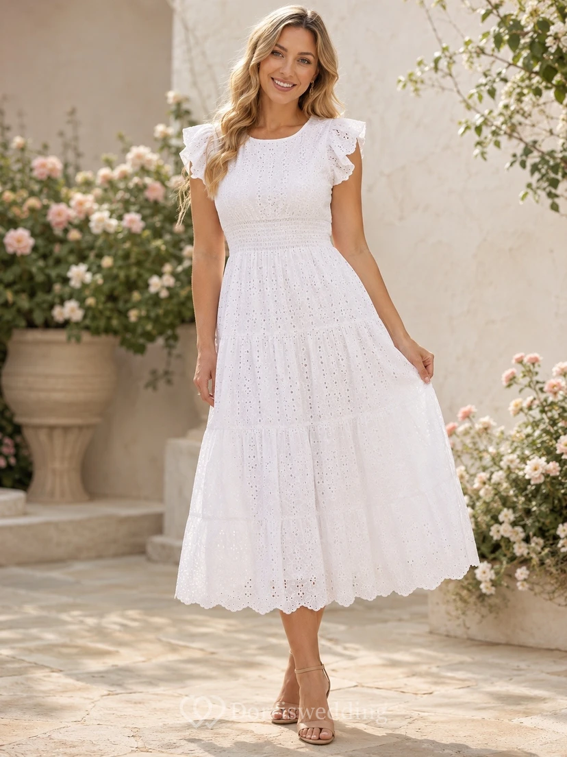 White Short Sleeve Tiered Lace Tea Length A Line Dress