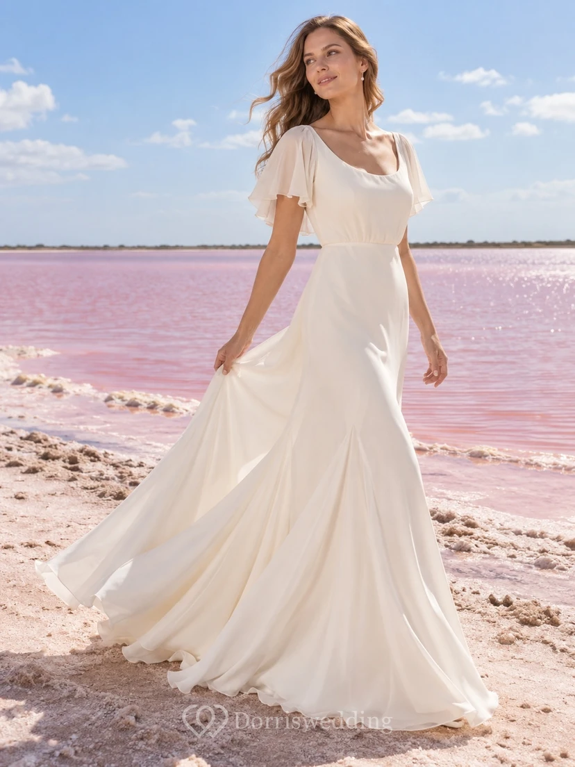 Vestido de novia sencillo de corte A con escote redondo, mangas cortas con volantes y cintura fruncida, de gasa.