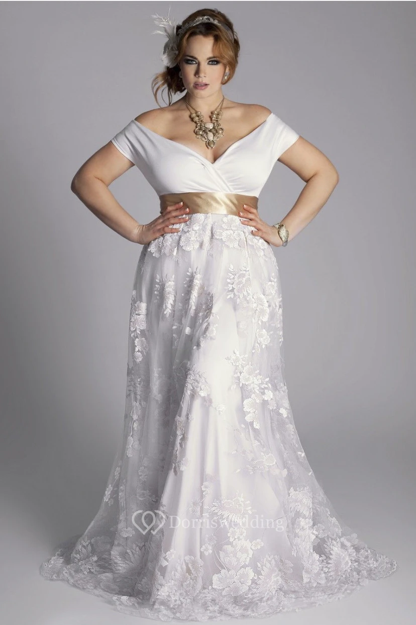 Plus Size Off-Shoulder A-Line Vintage Lace Floor Length Wedding Gown With Sash