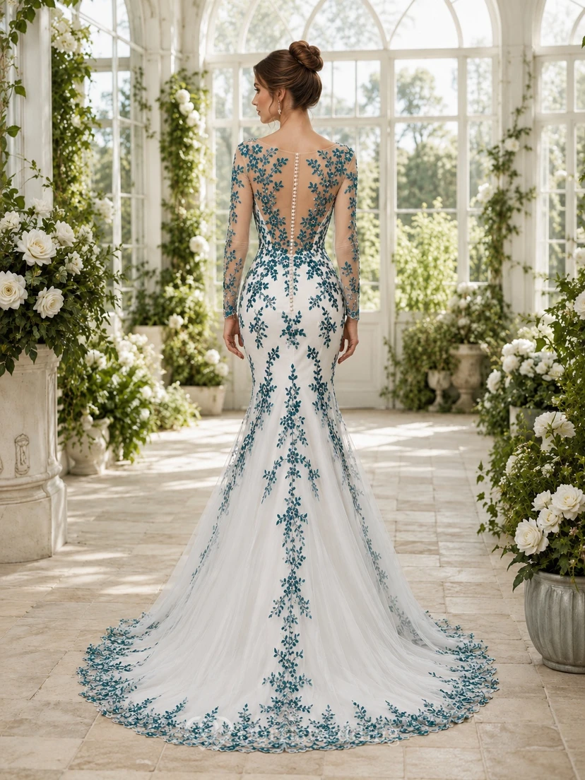 Türkisfarbenes, besticktes, langärmeliges Meerjungfrauen-Hochzeitskleid mit Illusion-Tüll und Kapellenschleppe view 2