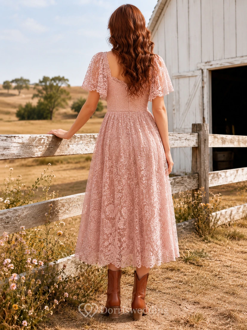 Altrosa Spitzenkleid mit Puffärmeln, V-Ausschnitt und Teelänge view 2