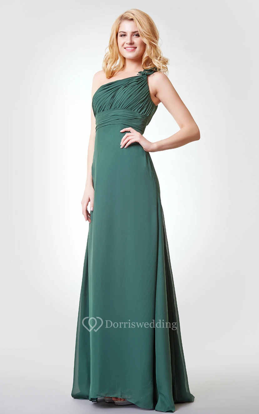 One Shoulder Ruched A-line Long Chiffon Dress view 2