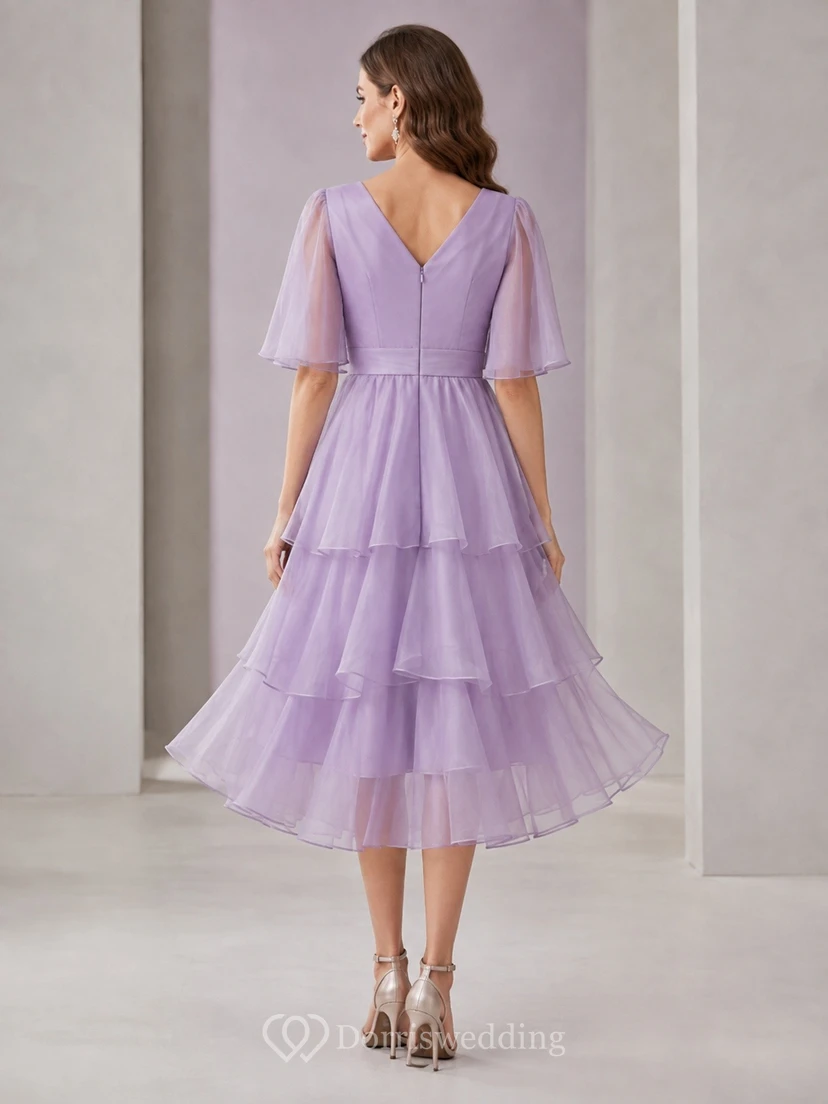 Romantic Lavender V-neck 3/4 Length Sleeve Organza A-Line Tiered Dress view 2