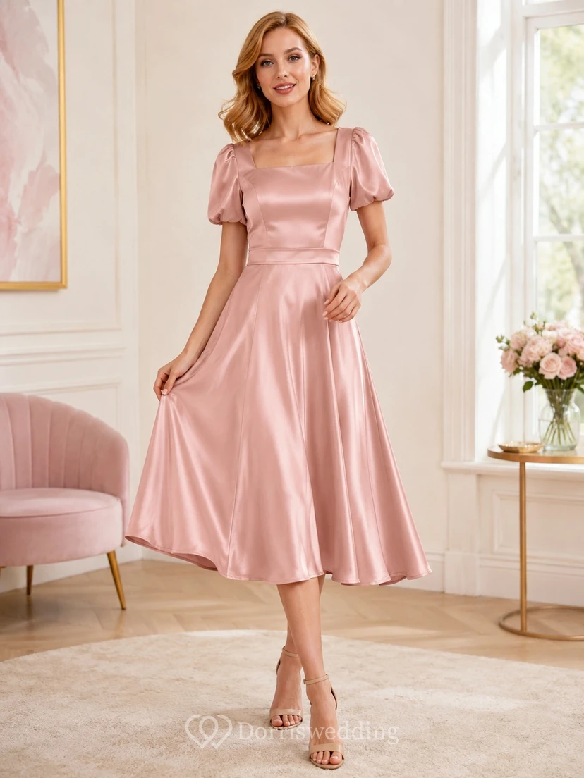 Altrosafarbenes, eckiges Satin-Gästekleid mit Puffärmeln und A-Linien-Schnitt, wadenlang