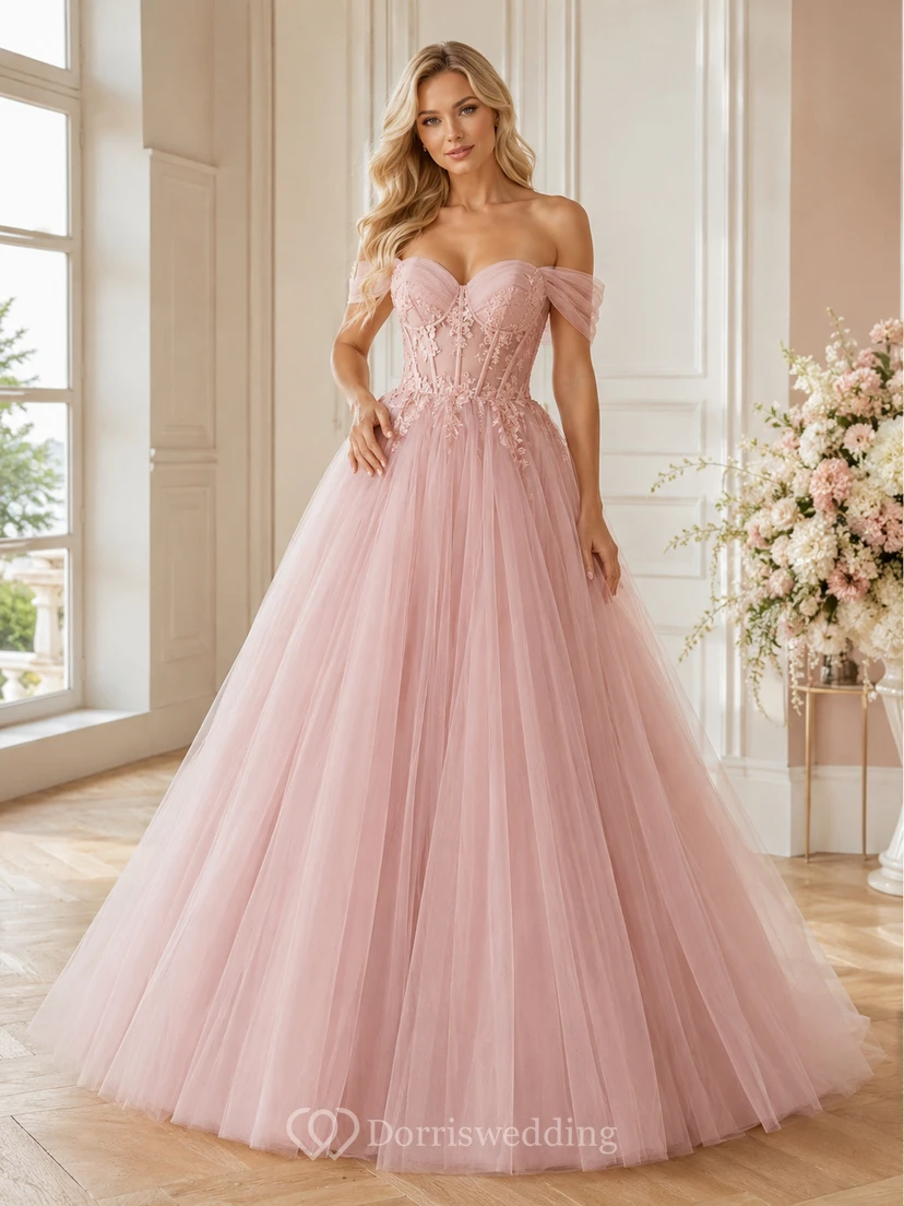 Vestido de fiesta de lujo romántico de quinceañera, largo hasta el suelo, con escote palabra de honor y encaje floral en tul color rosa empolvado.