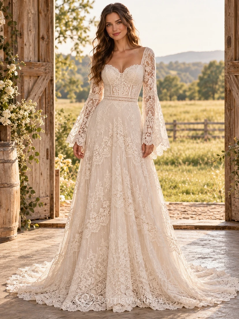 Boho Long Bell Sleeve Sweetheart Lace A-Line Train Wedding Dress