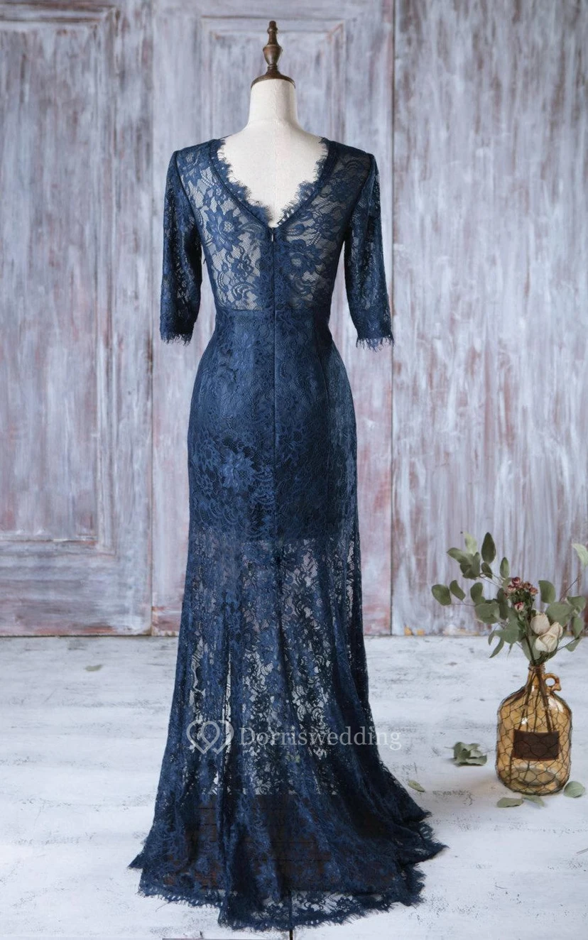 High Neck Half Sleeve Mermaid Lace Long Dress Illusion Skirt view 4