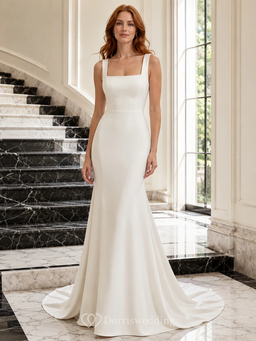 Vestido de novia minimalista de satén estilo sirena con escote cuadrado, sin mangas y cola larga.