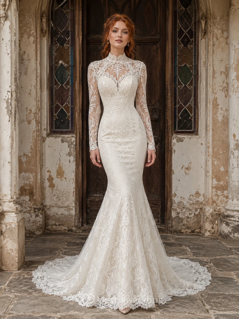 Robe de mariée sirène vintage en dentelle à col montant et manches longues