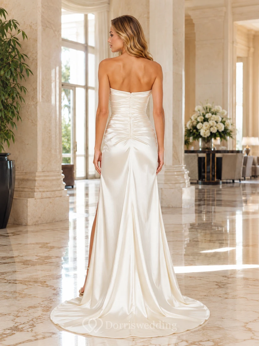 Champagne Strapless Satin Slit Sheath Evening Dress view 2