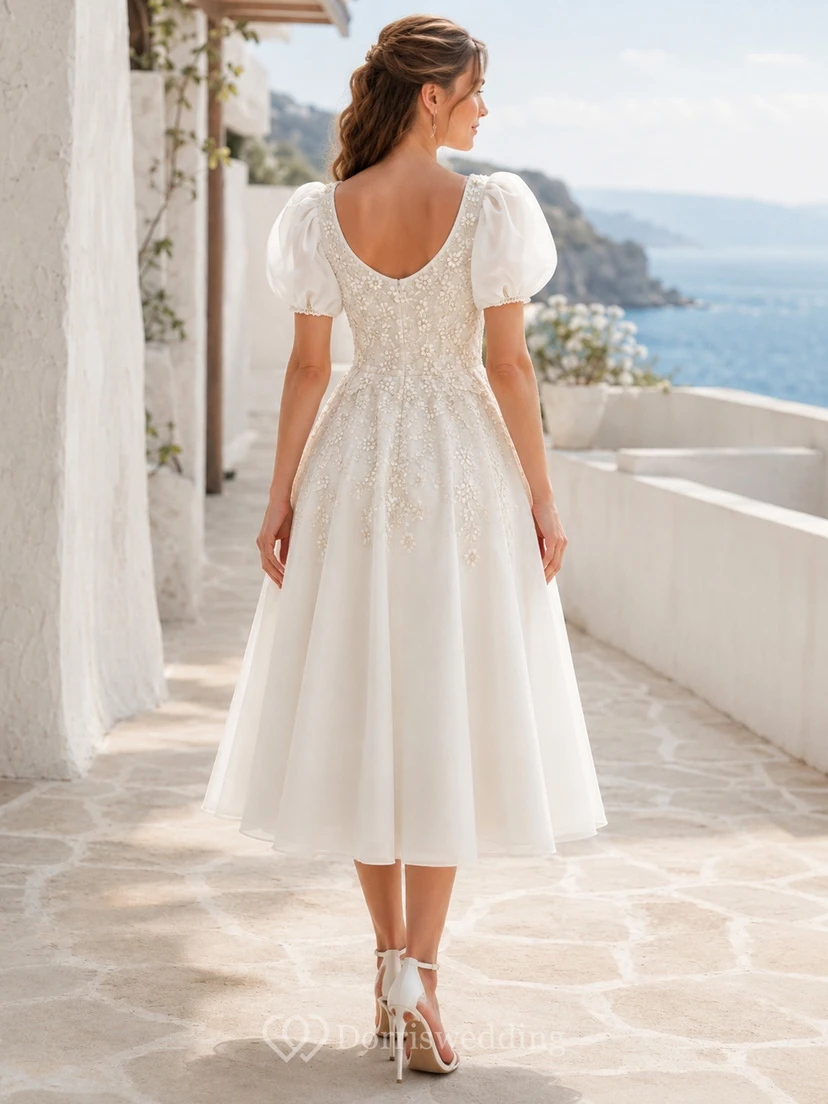 Pearl-Accented Scoop Neck Short Sleeve Chiffon A-Line Tea-Length Wedding Dress view 2