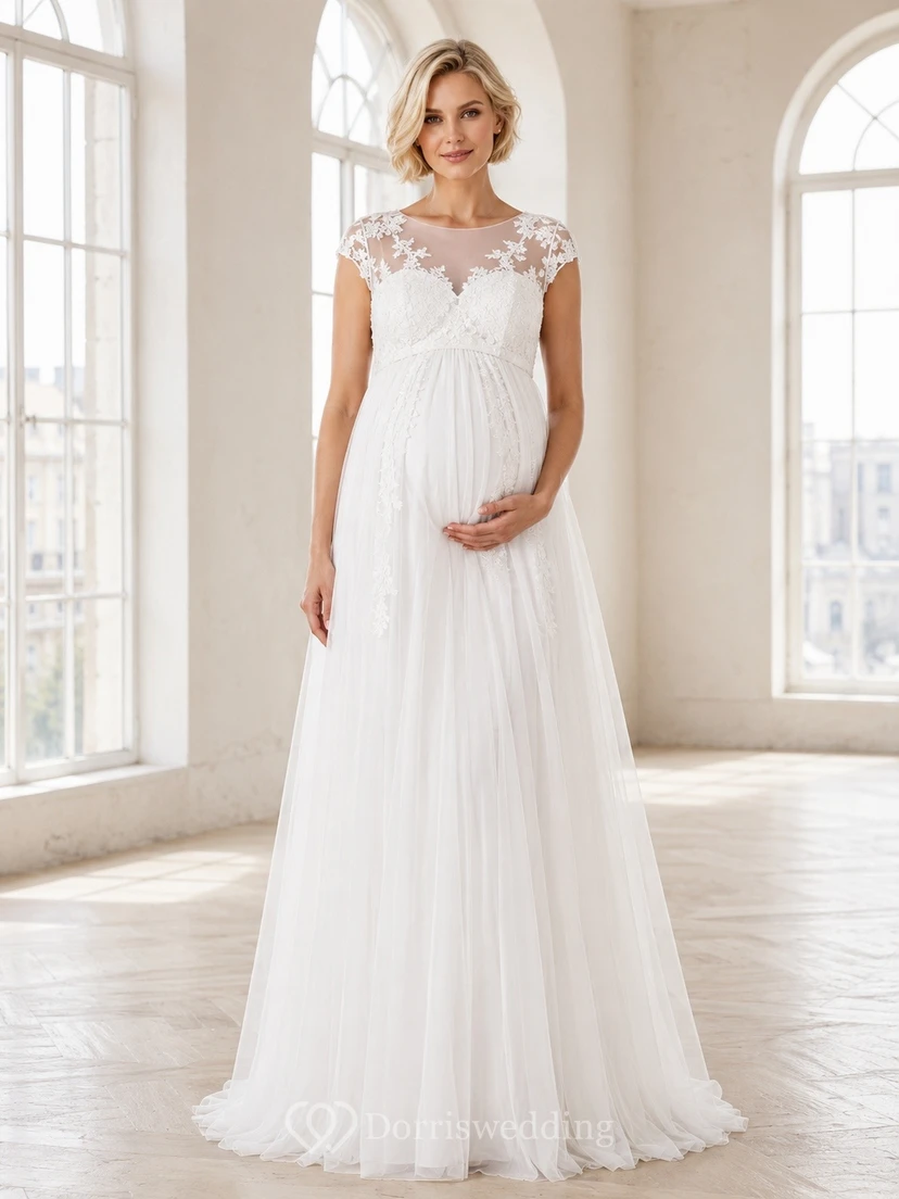 Vestido de novia premamá con mangas cortas de encaje y escote en V