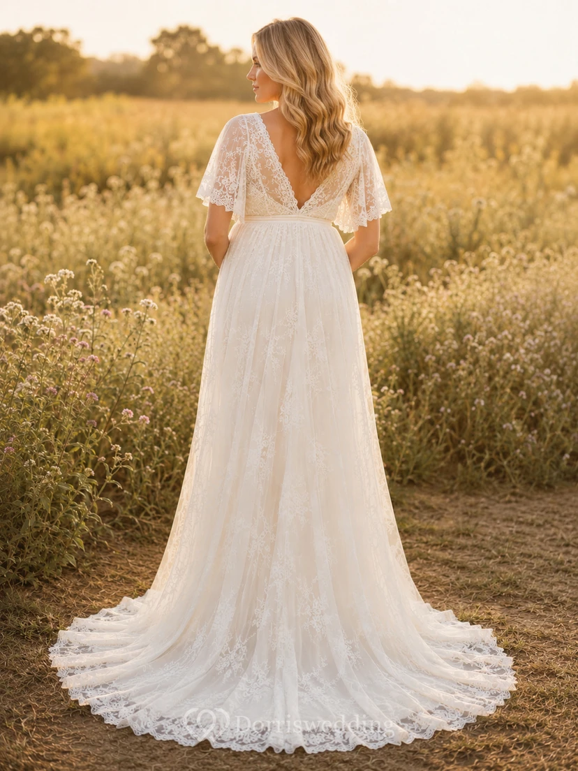 Maternity Wedding Dress V Neck Flutter Sleeve Lace A-Line Country Gown with Sweep Train view 2