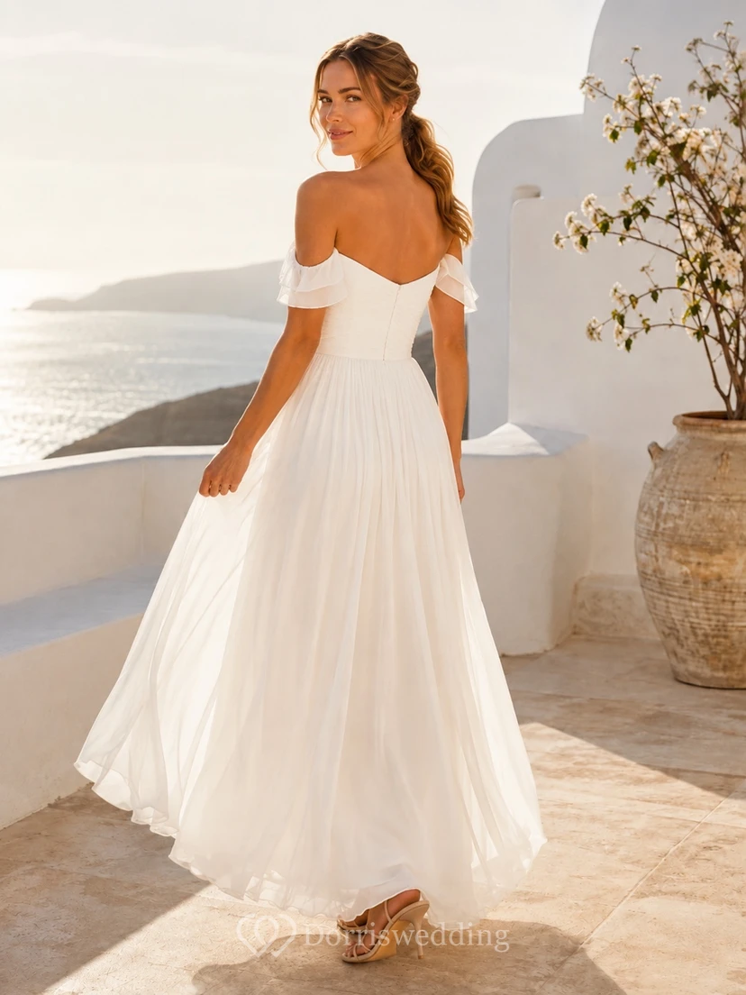Beach Off-Shoulder Sweetheart Chiffon A-Line Floor-Length Simple Destination Wedding Dress view 2