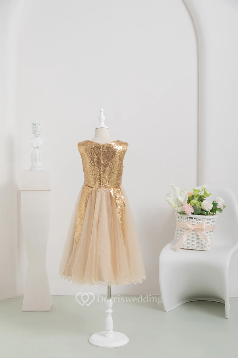 Sequin Tulle A-line Pleated Flowergirl Dress with Zipper Back view 2