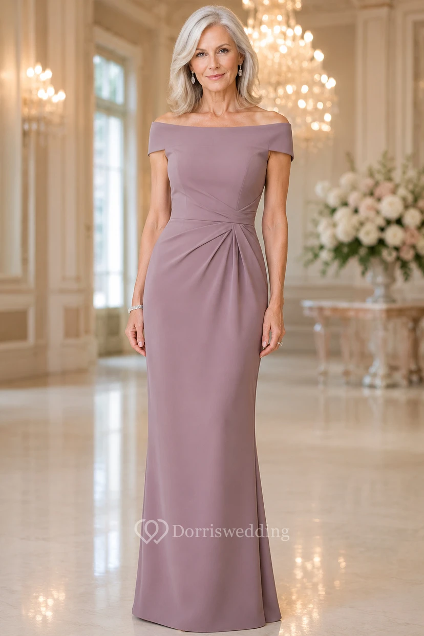 MOB Kleid, mauvefarbenes Etuikleid aus Stretch-Satin, kurze Ärmel, schulterfrei, bodenlang, drapiert