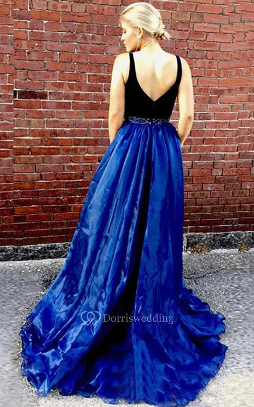 Casual Tulle A Line V-neck Sleeveless Prom Dress With Low-V Back Beading view 3