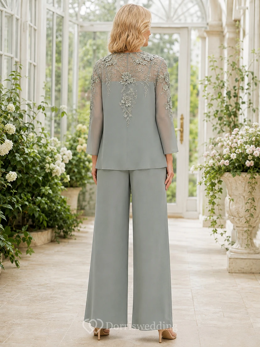 Sage Mother Pantsuit with Lace Long Sleeve Jacket, Jewel Bodice and Wide Leg Pants view 2