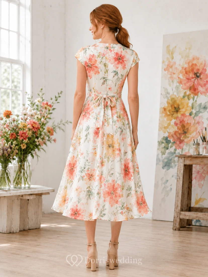Vestido midi cruzado sin mangas con estampado floral acuarela coral para invitadas de verano view 2