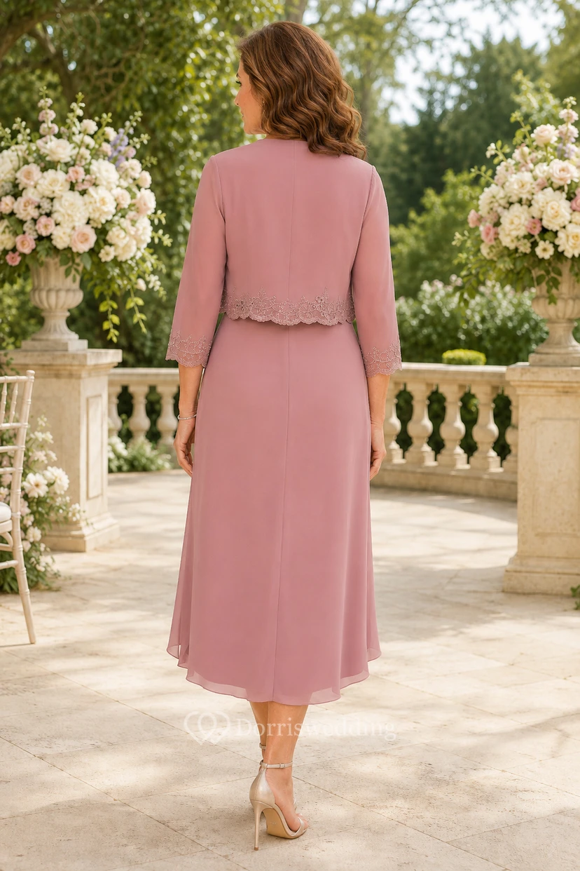 Robe MOB rose poudré en mousseline de soie et dentelle, coupe fourreau, manches 3/4, col en V, longueur genou, avec veste view 2