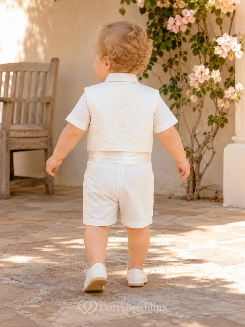 Eleganter elfenbeinfarbener, kurzärmeliger, bestickter Charro Bautizo Baby-Shorts-Anzug view 2