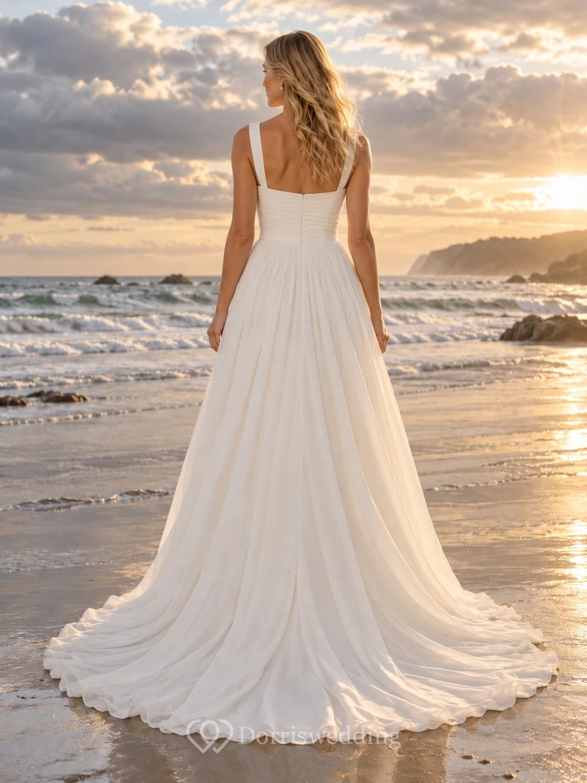 Schlichtes Strandhochzeitskleid mit eckigem Ausschnitt, gerafftem Oberteil und A-Linien-Schleppe aus Georgette. view 2