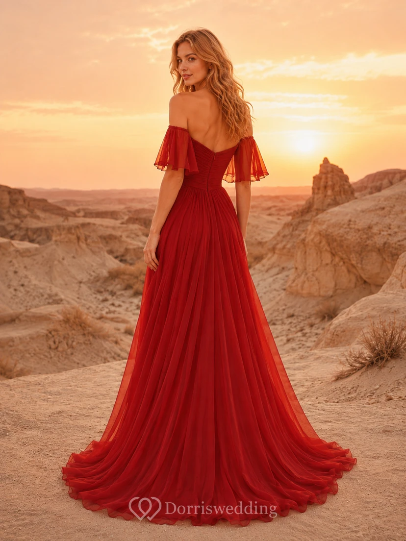 Red Boho Off Shoulder Chiffon Desert Wedding Dress view 2