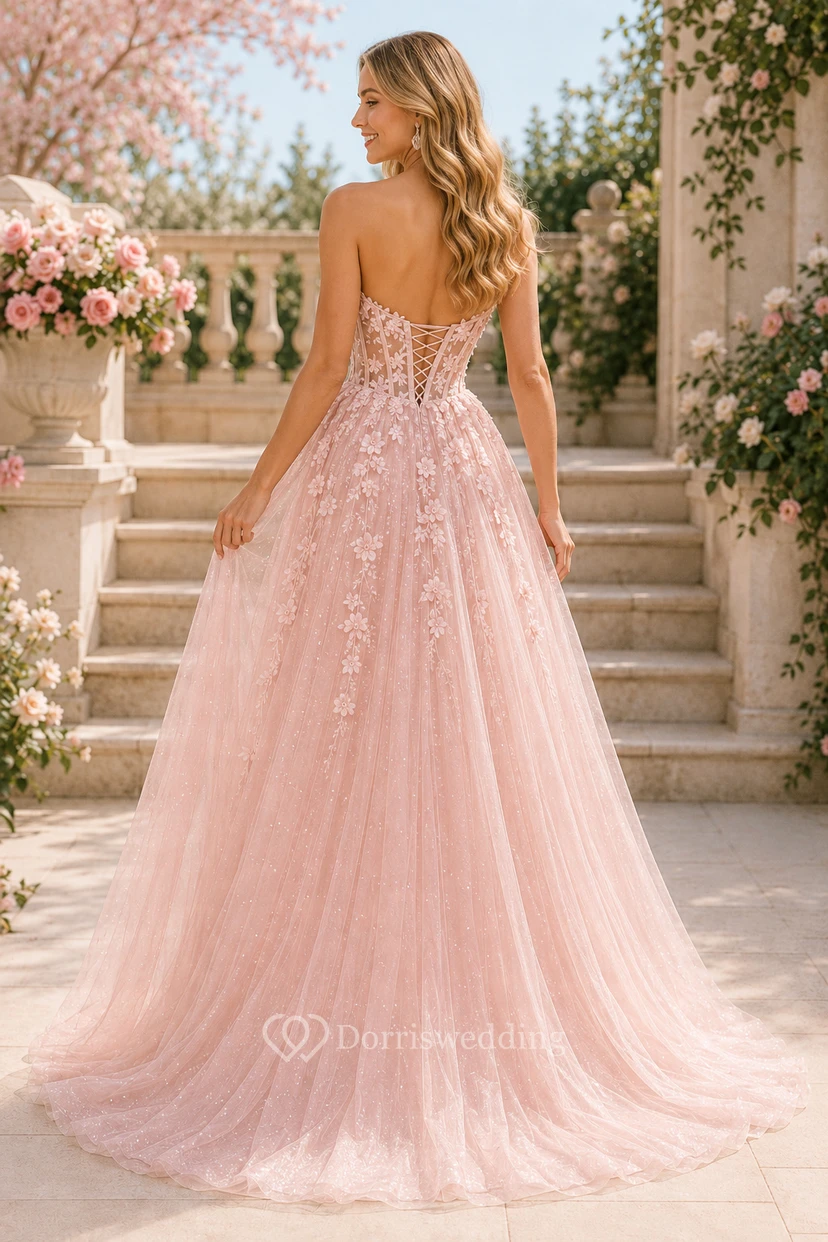 Blushing Pink A-Line Prom Dress with Lace Applique Bodice and Soft Tulle Skirt view 2