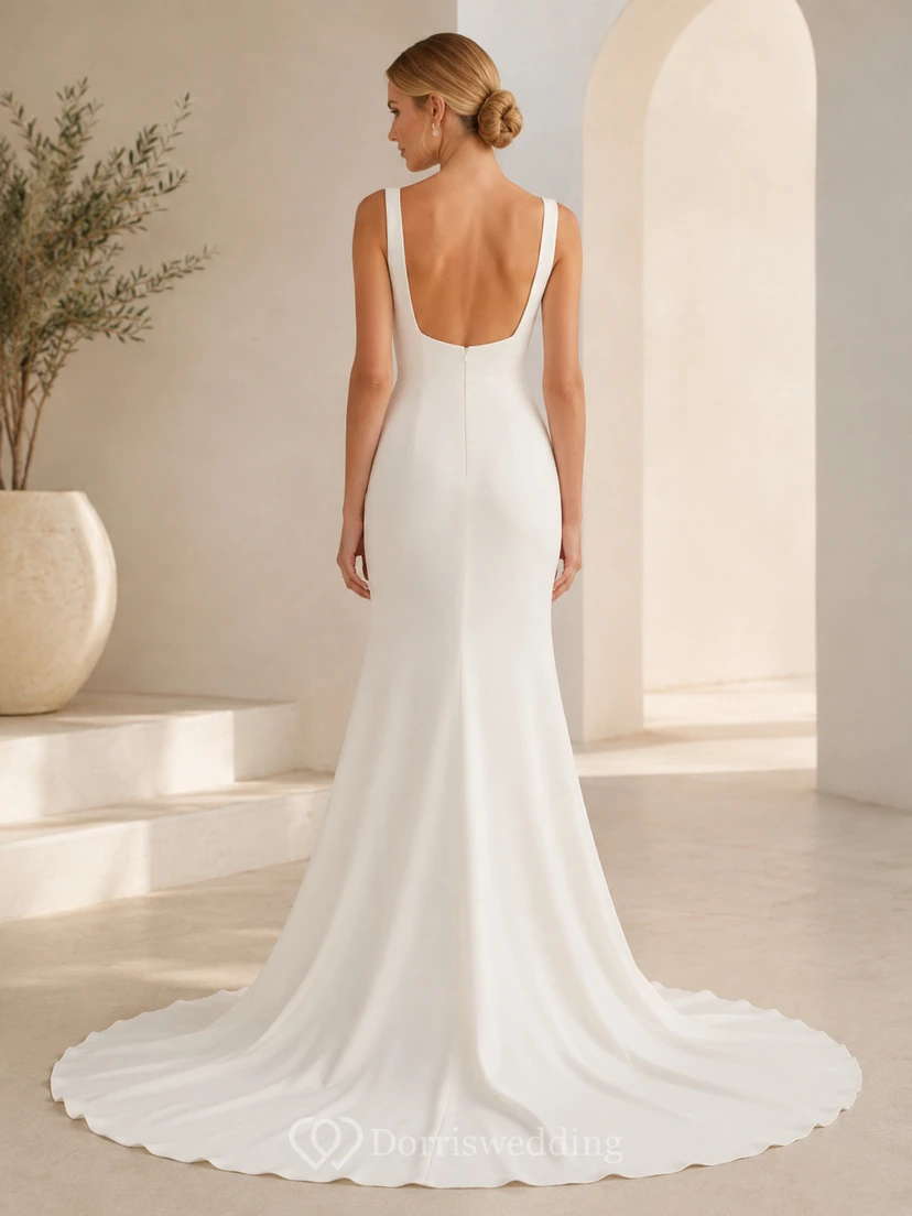 Robe de mariée sirène en satin stretch, col carré, sans manches, traîne. view 2