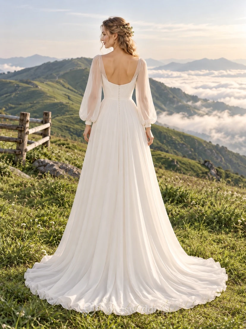 Vestido de novia sencillo de gasa con escote corazón y mangas largas, corte A, estilo campestre. view 2