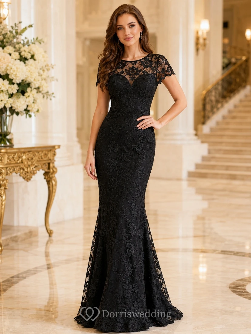 Black Lace Cap Sleeve Mermaid Floor-length Formal Evening Gown