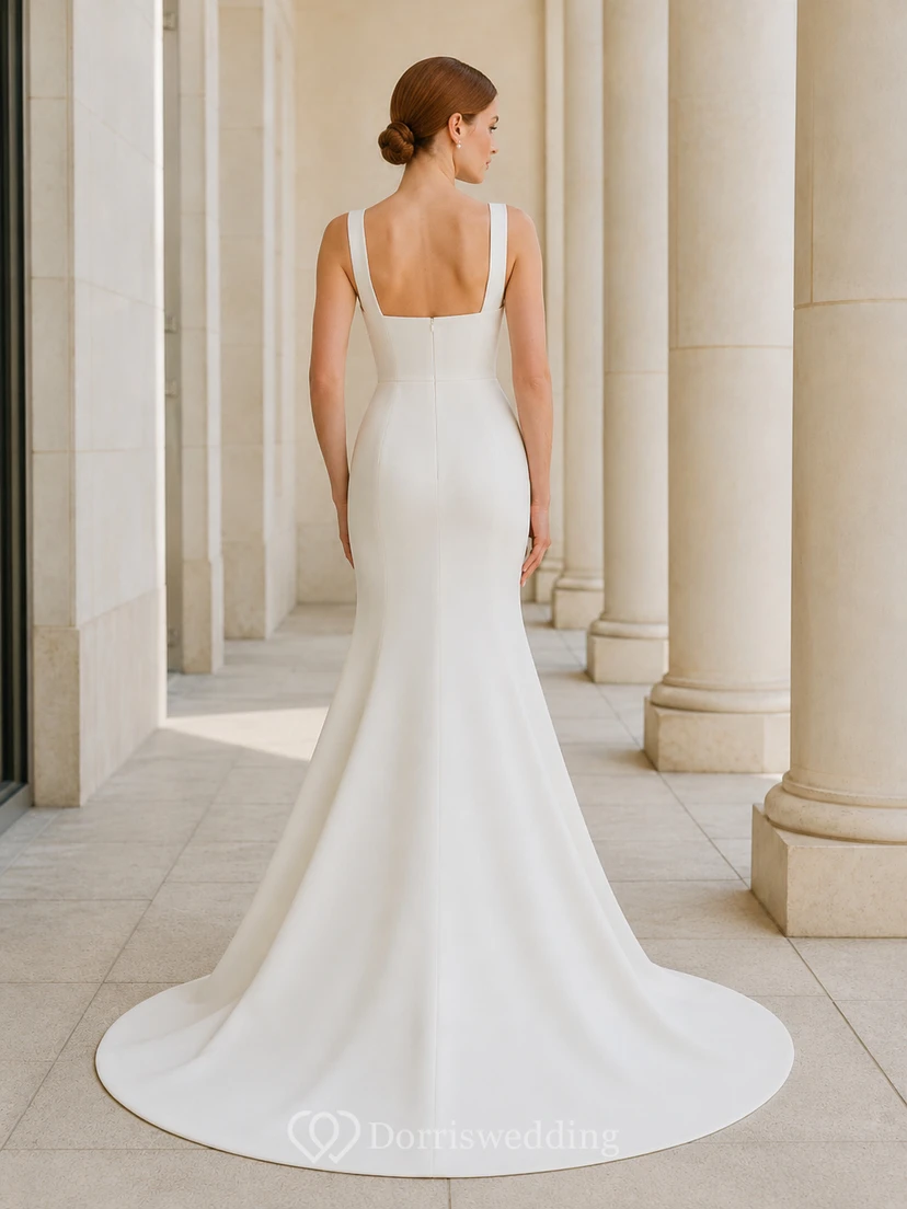 Robe de mariée civile sirène en satin, col carré, traîne courte, dos nu en V et fermeture éclair. view 2