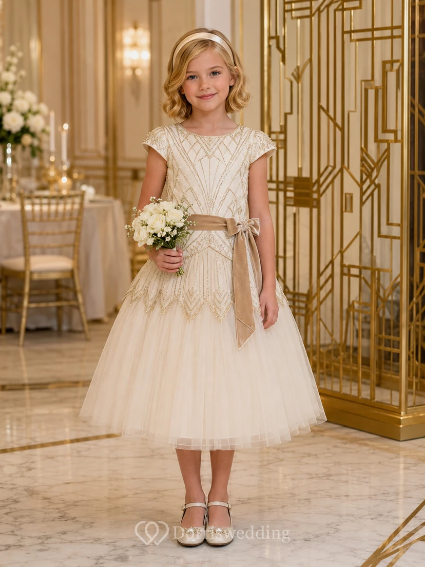 Vestido de niña de flores color marfil, largo midi, tul con cuentas, corte en A, estilo vintage geométrico, manga corta, lazo color champán.