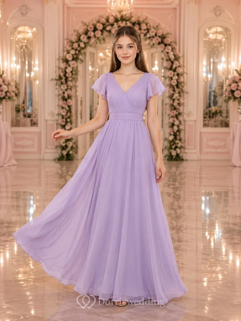 Lavendelfarbenes Brautjungfernkleid für junge Damen, A-Linie, V-Ausschnitt, kurze Blütenblattärmel, Falten-Detail, elegant