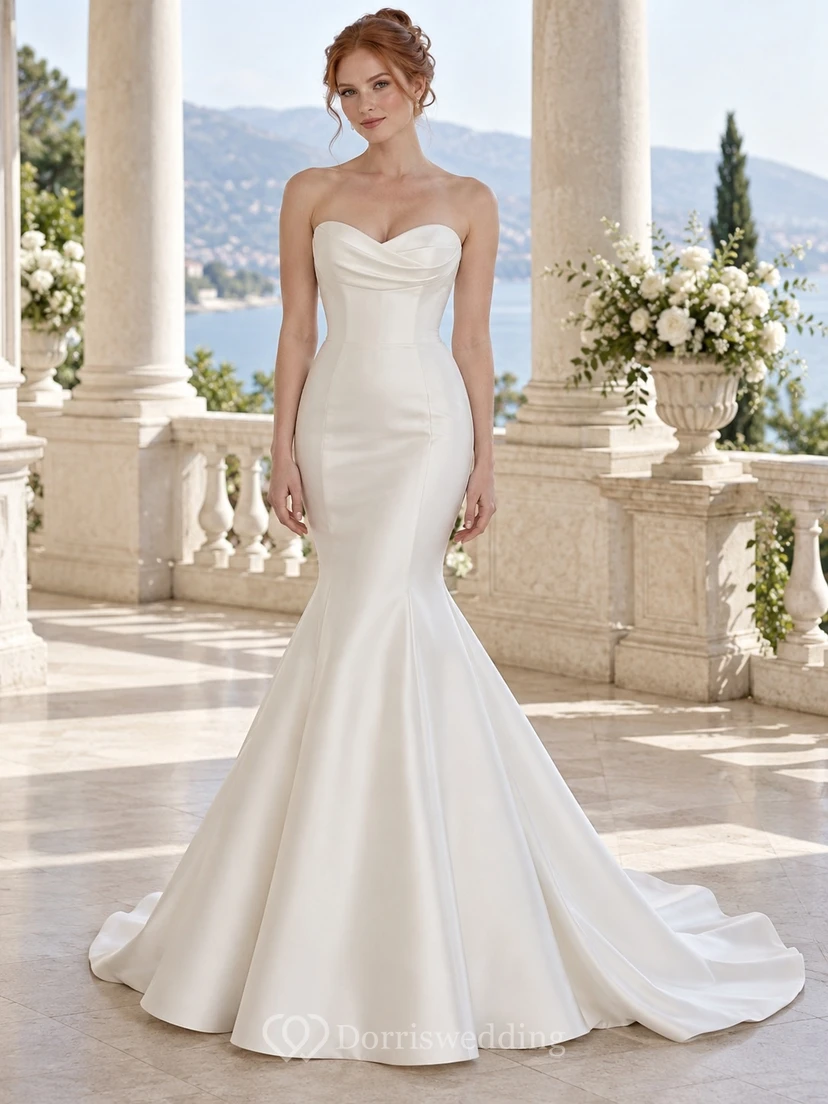 Robe de mariée sirène simple sans bretelles drapée en satin avec décolleté cœur et traîne courte
