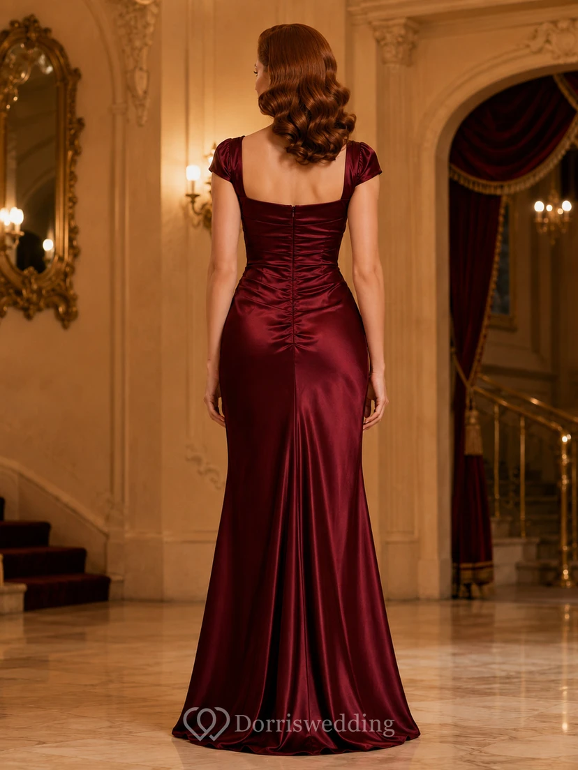 Burgunderrotes Vintage-Abendkleid aus Satin im Meerjungfrauenstil mit schulterfreiem Ausschnitt view 2
