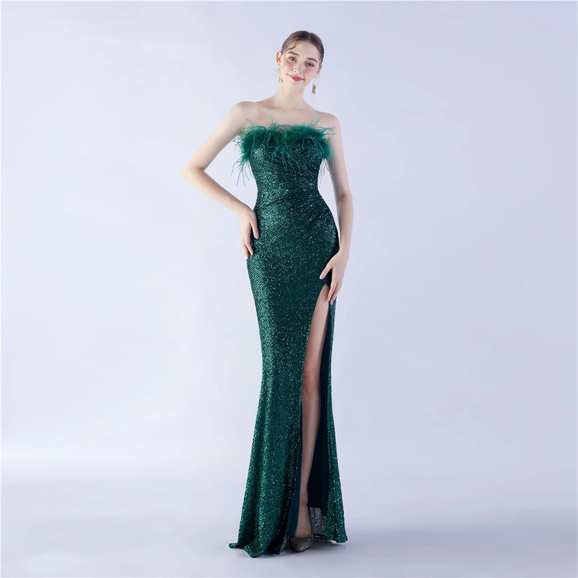 Ostrich Feather Plus Folding And Wrinkling Technology Host Dinner High-End Evening Dress view 28