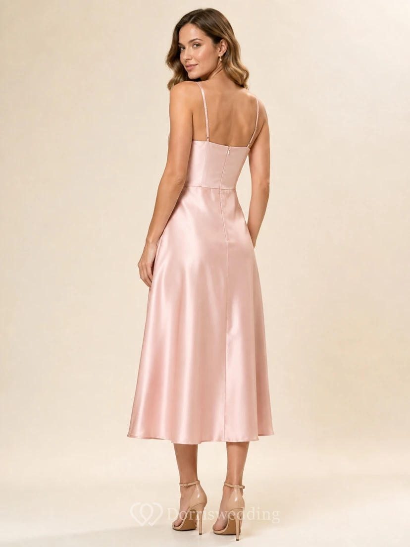 Blush Spaghetti Strap Satin Sheath Tea-length Slit New Arrival Dress view 2