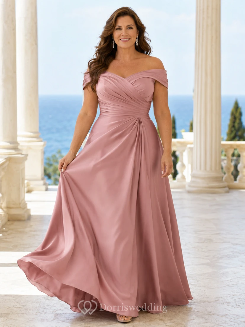 Romantisches Mutterkleid aus Satin in Übergröße in Altrosa mit schulterfreiem Schnitt, kurzen Ärmeln und drapiertem A-Linien-Schnitt, bodenlang