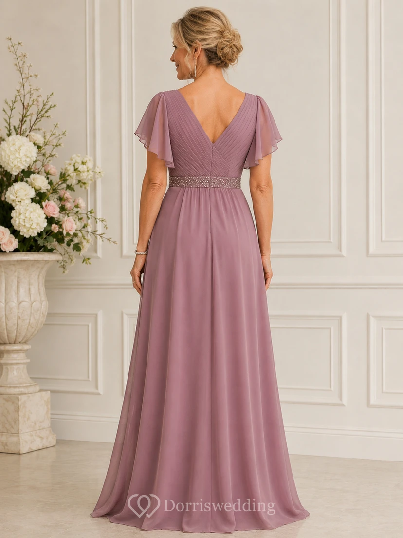 Robe de mère en mousseline à manches courtes, col en V et coupe trapèze, ornée de perles view 2